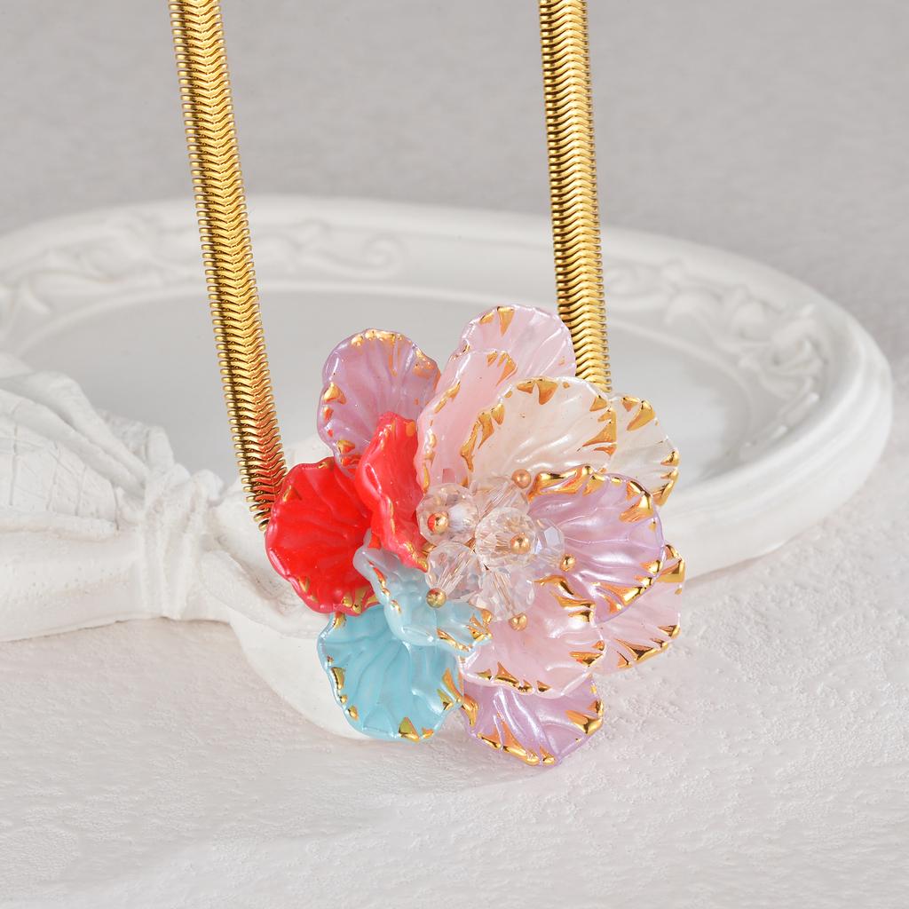 Atoztide Exaggerated Retro Flower Necklace Earring Bracelet Ring Jewelry Set for Women Stainless Steel Exquisite Flower Set Gift