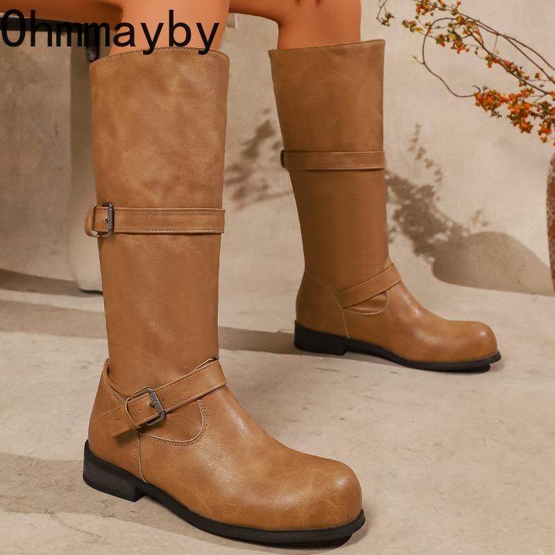 Winter Street Belt Buckle Women Knight Long Elegant Low Heel Female Slip On Knee High Top Booties De Muje