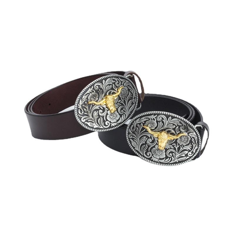Fashion Personality Western Denim Belt Gold Plated Retro Cow Head Belt Men's Cow Leather Belt