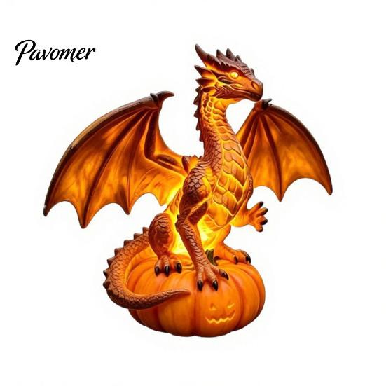 Autumn Holiday Party Ornament Dragon Solar Garden Light, Halloween Night Resin Gothic Pumpkin Warm Ambient LED Nightlight Statue, Medieval Fantasy for
