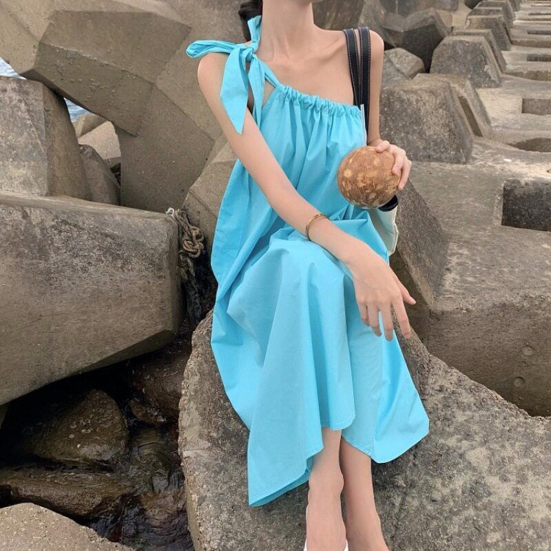 Sanya Travel Outfit for Photoshoot, Beach Dress for Petite Women, Seaside Vacation, Super Fairy-Like One-Shoulder Strap Dress