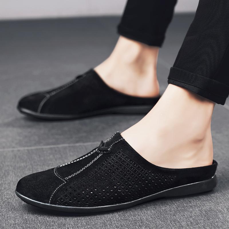 Fashion New Hollow Out Loafers Male Slip On Shoes Leather Casual Half Shoes for Men Breathable Men's Slippers Summer Designer Man Shoes