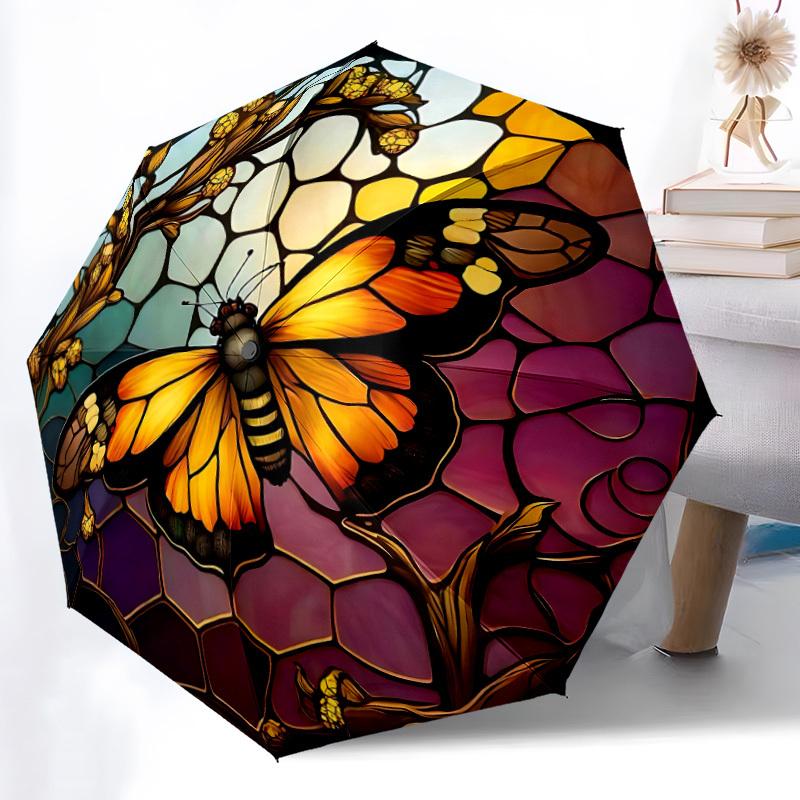 1pc Butterfly StainedGlass Automatic Open/Close Umbrella with Folding feature Compact Travel Umbrella, Lightweight design, for Commuting, Business109