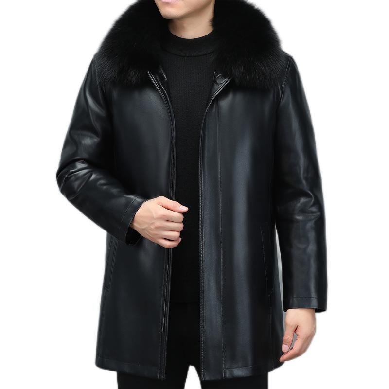 Läderdunjacka Herr Mellanlång Herrläder Päskrage Avtagbar Inner Vinter Gall Förtjockad Fårskinnsjacka Herrkappa