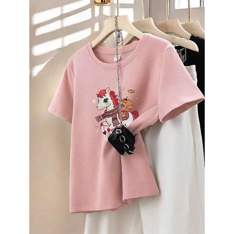 Crimson Year of the Rat Lucky Color Women's Thickened Round Neck Short Sleeve T-Shirt for Spring and Autumn