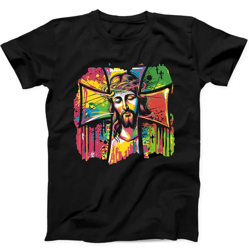 Colorful Jesus Face Cross Christmas Christ Funny Gift Black T Shirt 255