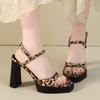 Women's Waterproof Platform 2025 Summer Sexy Square Head Leopard Print Ankle Clasp Thick Heel Women's High Heels Fighter Sandals