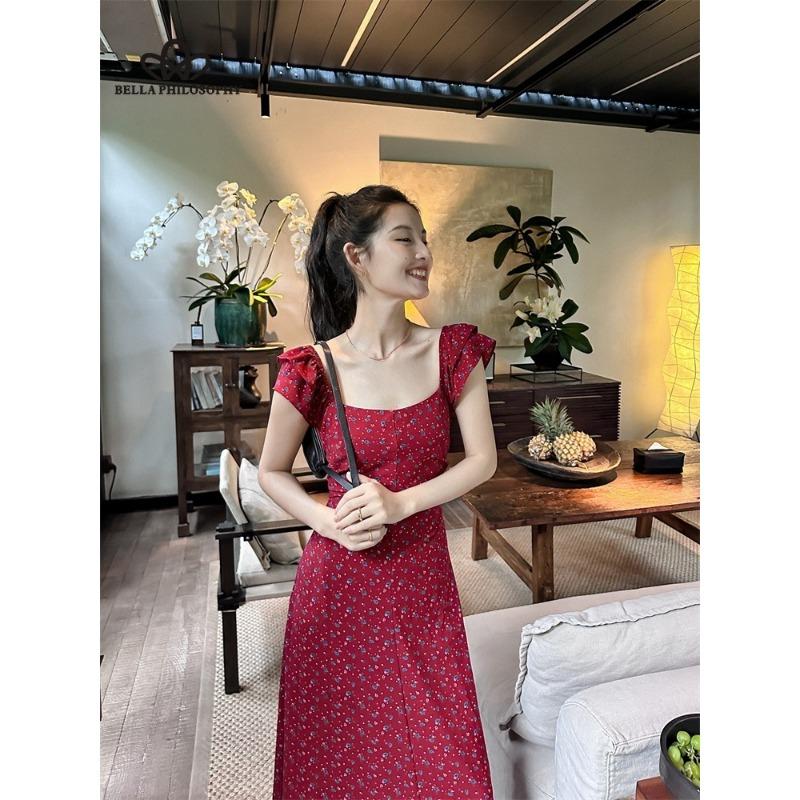 French Pure Lust Vacation Style Floral Backless Waistless Tie Fly Sleeve Long Dress Dress Long Dress Traditional Dress
