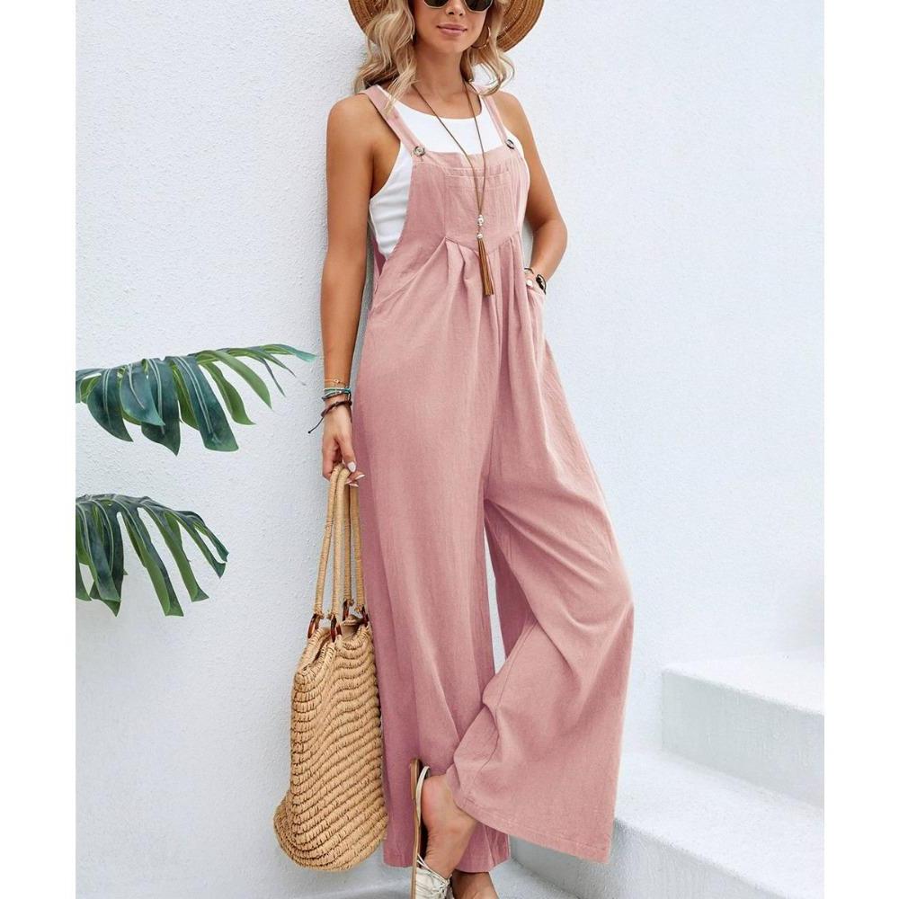 Overalls mit weitem Bein für Damen, lässig, aus Baumwolle und Leinen, lockerer Umstands-Jumpsuit für den Sommer und den Strand