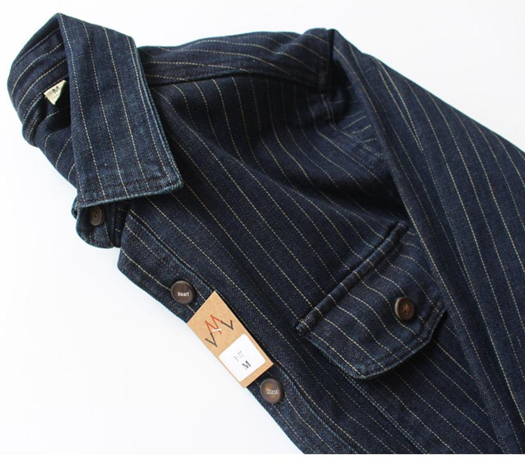 Men's Casual Retro Striped Denim Shirt Jacket - Long-Sleeved, Loose Fit for Spring and Autumn