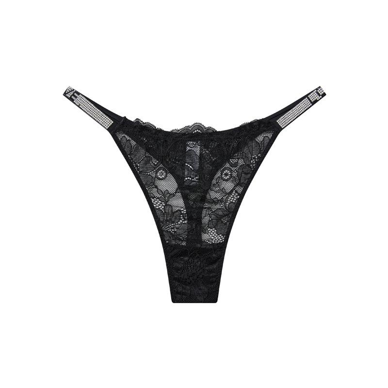 Sexy Lace Thong with Rhinestones: Seamless, Thin-Strapped, See-Through Panties