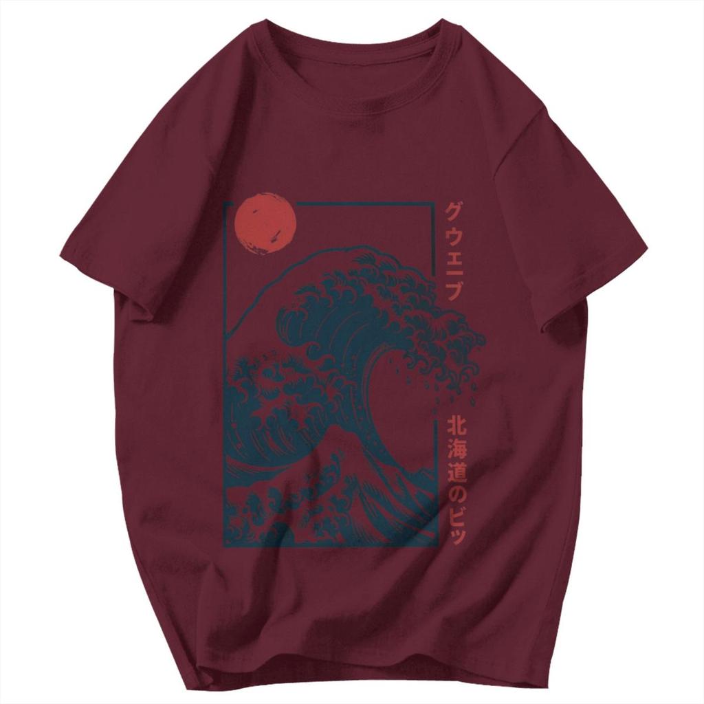 Men T Shirt Japanese Style Hokkaido Wave Retro Idea Y2K Graphic Crewneck Unisex Tops T Shirts