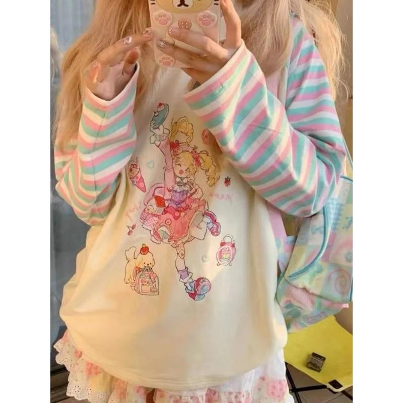 

Kawaii милые лоскутные футболки женские японские модные Y2k Harajuku в полоску с мультяшным принтом свободные футболки с длинными рукавами