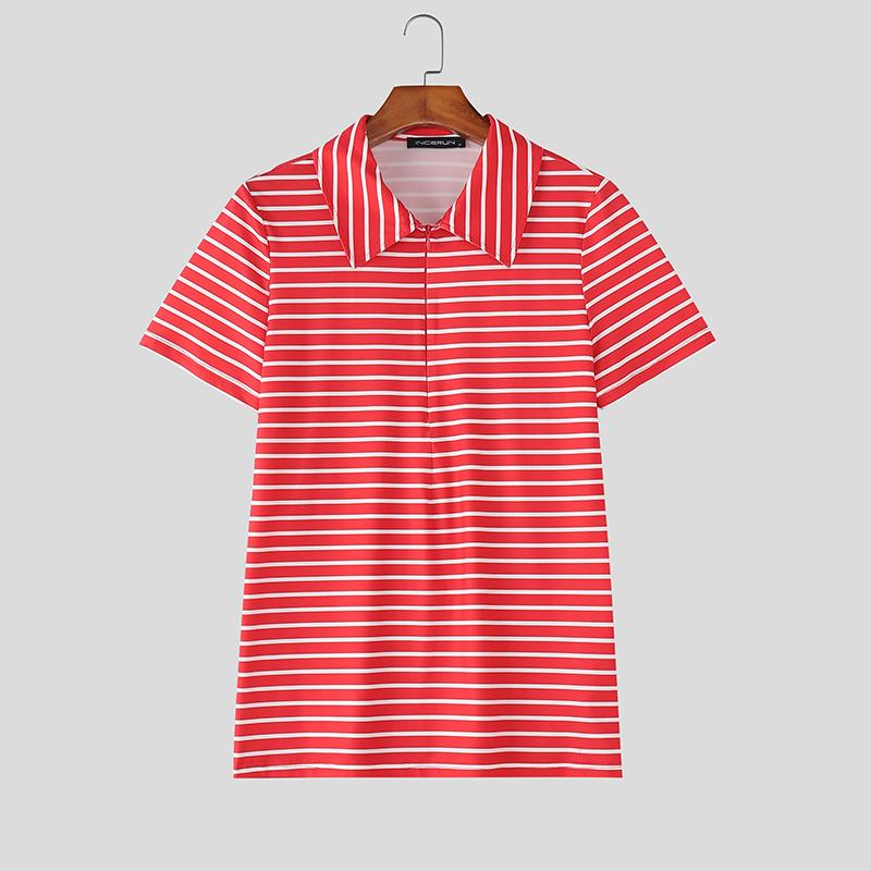 INCERUN Sommer Herren Reverskragen Kurzarm Gestreift Reißverschluss Freizeit T-Shirts Oberteile