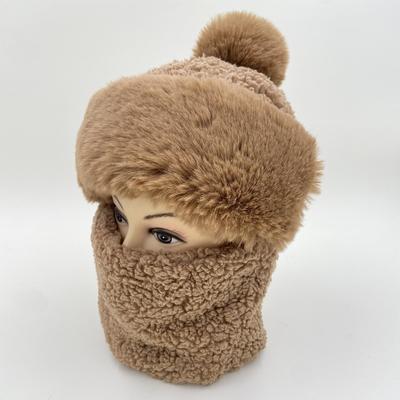 Flauschige Wintermützen für Damen, Maske, Pompom, warme Mütze