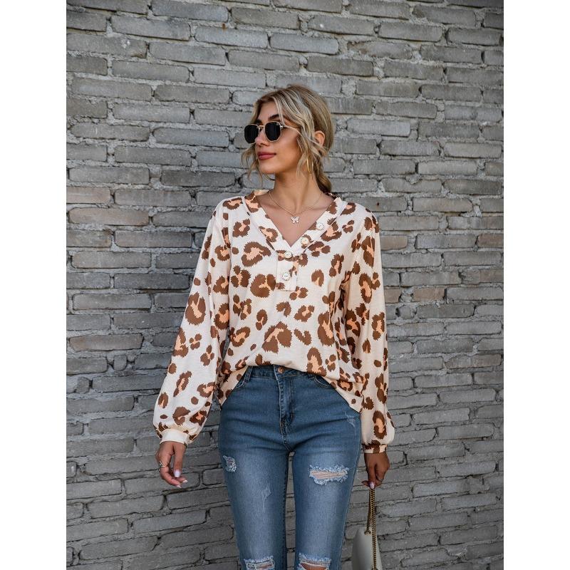 

YYFS Женская мода повседневная весна осень леопардовый принт длинный рукав V-образный вырез блузки и рубашки XXL коричневый