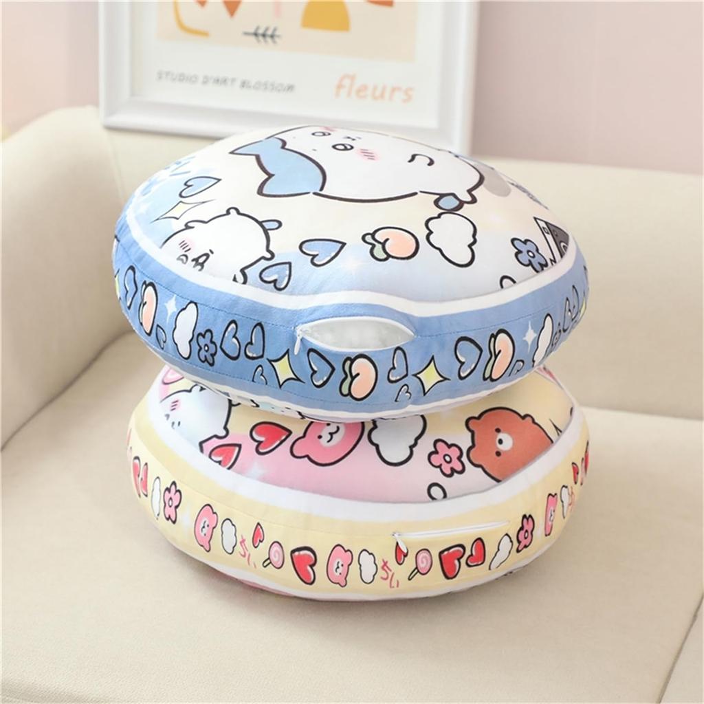 Soft, round plush pillow featuring a flaming hachiware rabbit and flying squirrel. Perfect for car, chair, or other use. Highly resilient, it's a