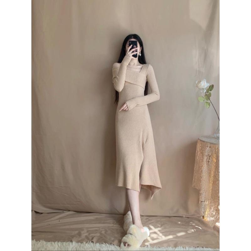 Off-the-shoulder knitted dress, women's autumn temperament, slim-fitting base, split fork with coat, long sweater skirt