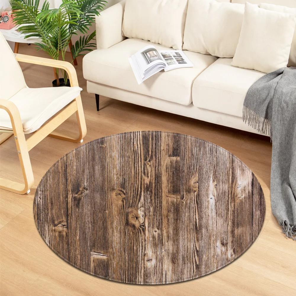 Wooden Pattern Round Area Rug, Soft Chenille Anti Slip Circle Carpet for Living Room, Bedroom, Bathroom, Home Floor Mat Decor