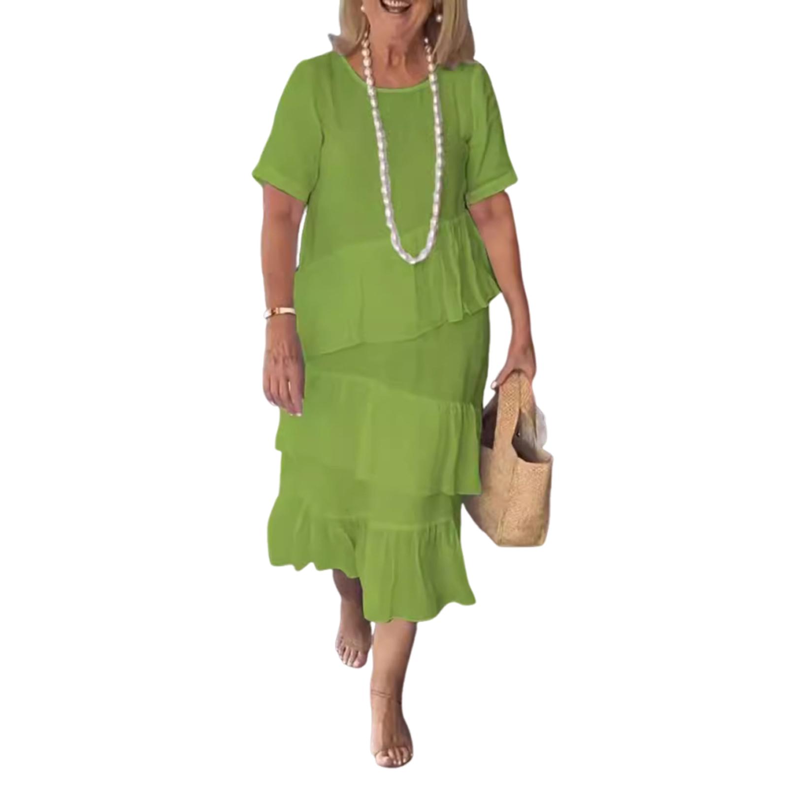 

Женское модное повседневное платье из хлопка и пеньки с круглым вырезом и коротким рукавом, плиссированная длинная юбка XXL зелёный