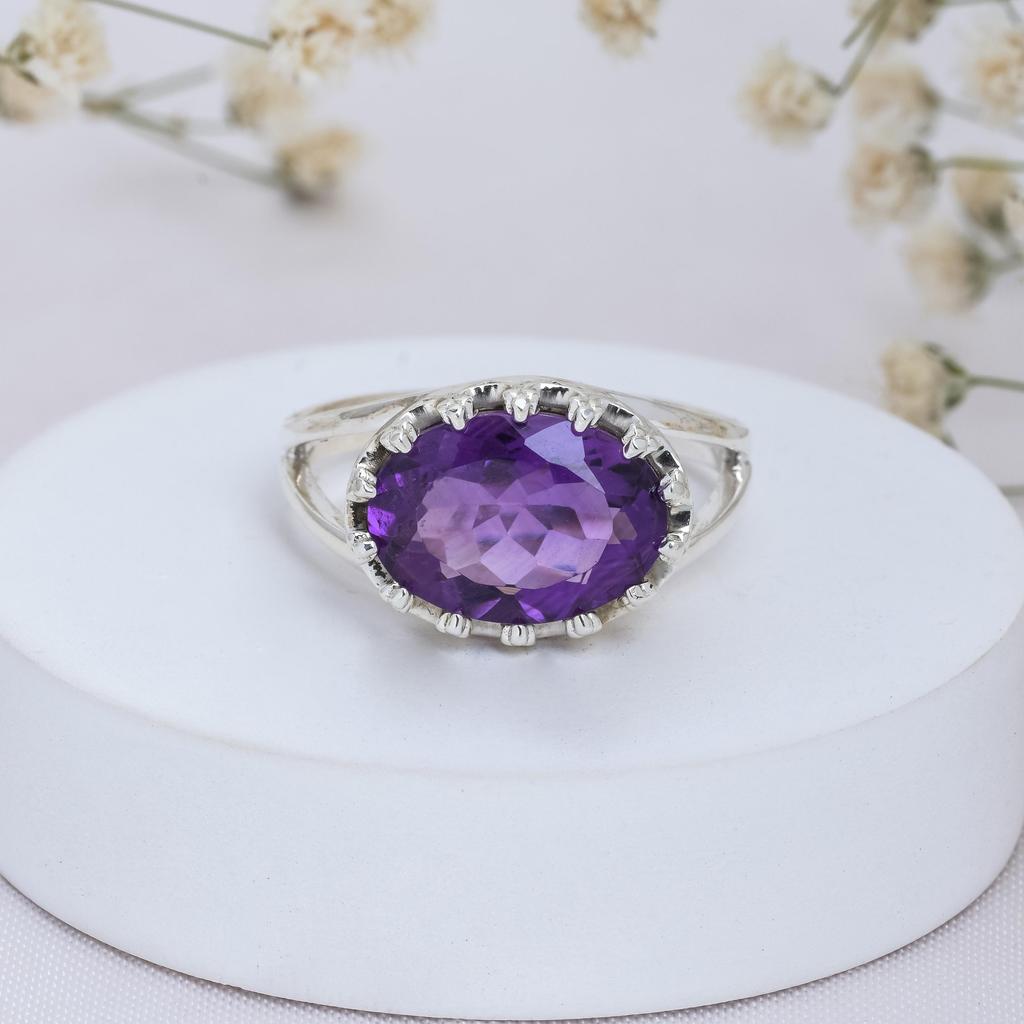 Sterling Silver Crown Shape Gemstone Ring - Oval Amethyst & Citrine Statement Ring February November Birthstone Jewelry, Birthday Gift for Her