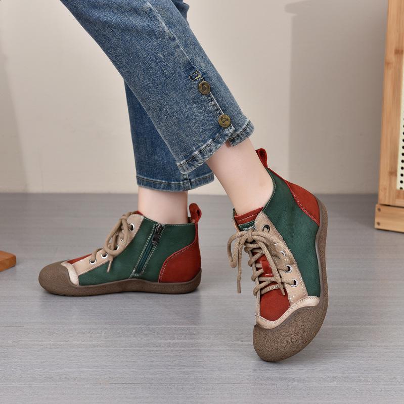 Longlin 2025 Damen Retro Colorblock Leder Stiefeletten - Weiche Sohle, Hässlich Süßer Stil