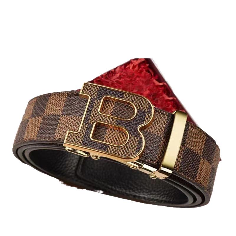 Men's Genuine Leather Automatic Buckle Belt - Versatile Plaid Design for Business or Casual Jeans