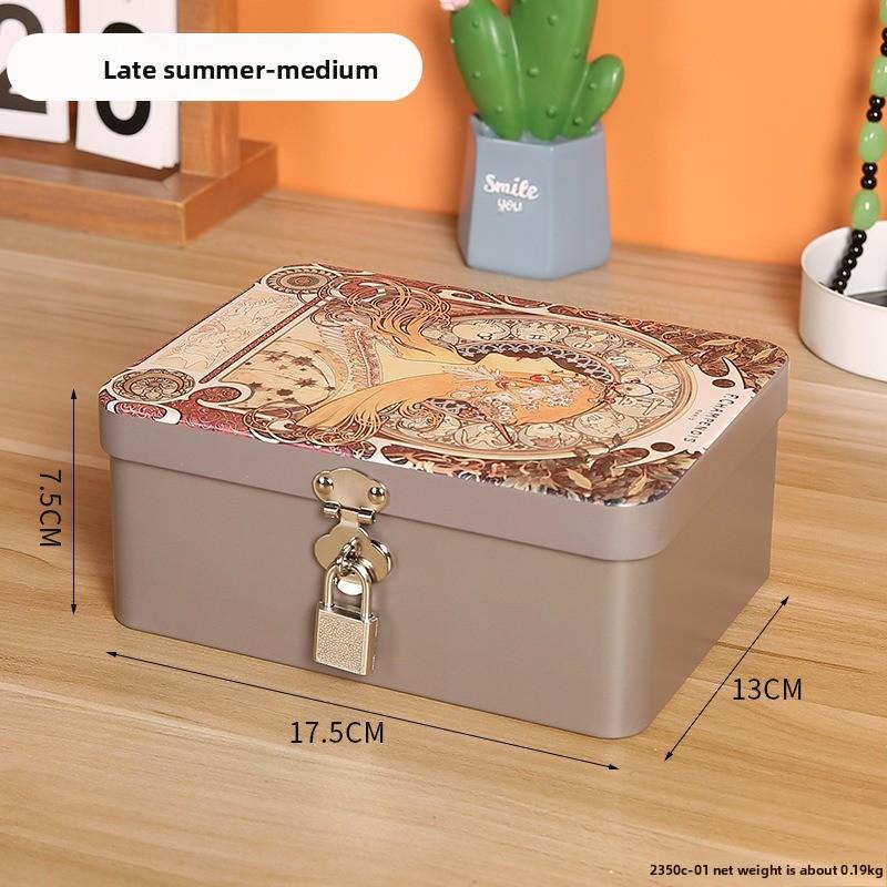 Retro Tinplate Box with Lock Key, Desktop Storage Box, Cosmetics, ID Storage, Household Jewelry Empty Box.