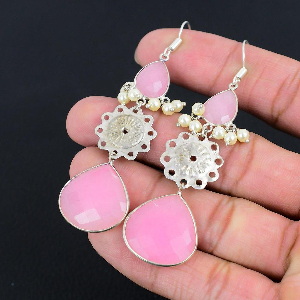 Natural Pink Chalcedony Gemstone Drop/Dangle Earrings 925 Silver For Girls