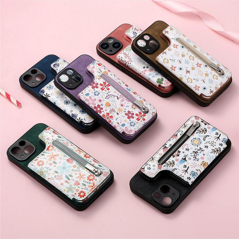 

Для Samsung S24 S23 + S22 S20 Fe A34 iPhone 15 Plus 14 13 Xiaomi 13T Poco X5 11T Откидная крышка из искусственной кожи с цветочным принтом и застежкой-молнией Чехол-кошелек для телефона
