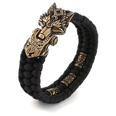 Pulsera Vikinga Cabeza de Lobo Bronce Antiguo para Hombre Punk Brazalete de Acero Inoxidable Hecho a Mano Pulsera de Cuerda Tejida Joyería Vintage Regalos