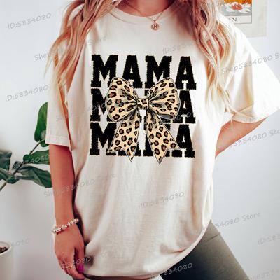 Leopar Desenli Mama Coquette Fiyonklu Tişörtler Trend Mama Tişört Tasarımı Leopar Fiyonklu Anne Hayatı Klasik Üstler Anneler Günü Hediyesi Tişört Üstler