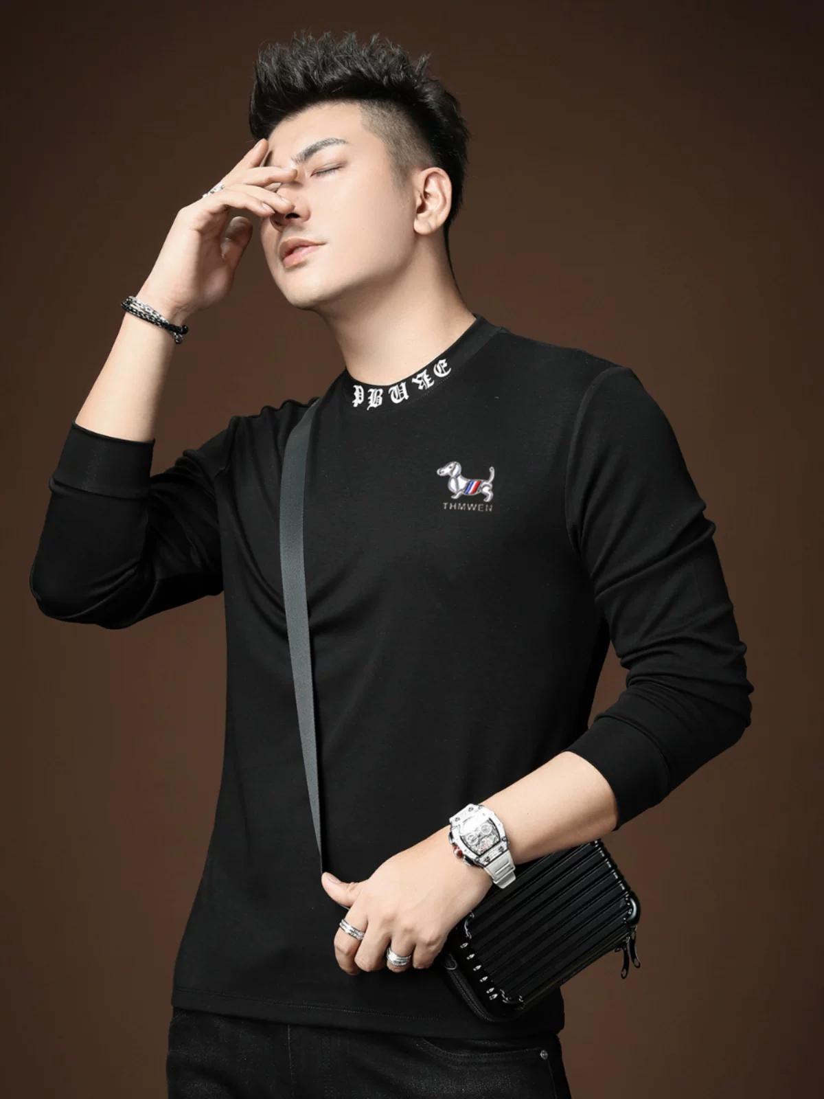

European Trendy Brand Printed Base Shirt for Men, Spring 2025 New Style, Half-High Collar Versatile Long-Sleeve T-Shirt for Men M белый