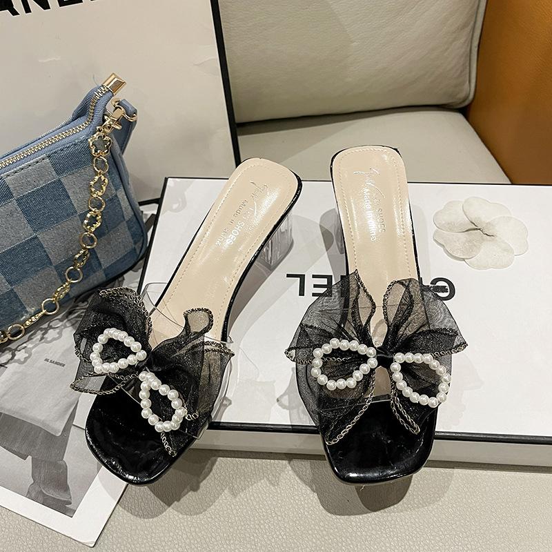 Slippers Women's Summer Outer Wear New Crystal Thick Heel Pearl Bow Transparent High Heel Cool Slippers