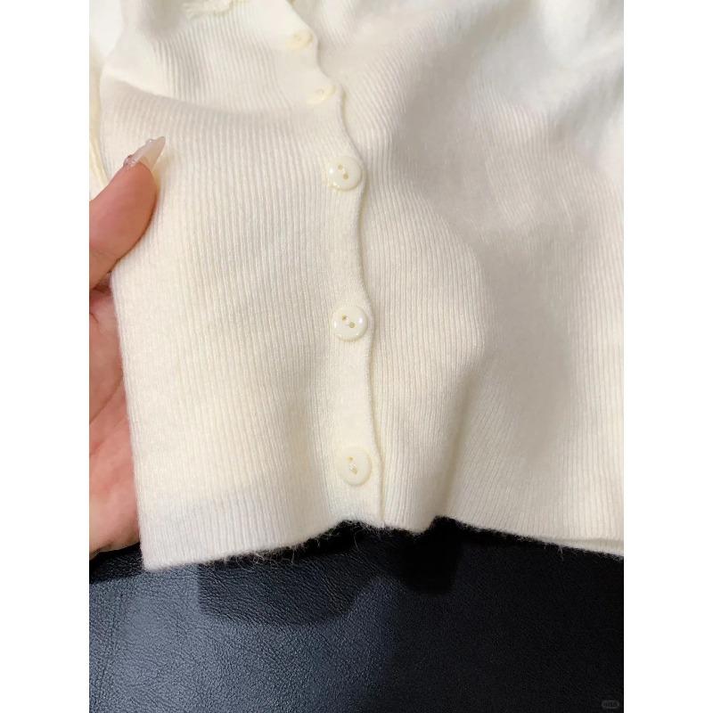 Premium collar temperament lace cardigan top women's autumn and winter sweet Spice Girl bottoming long-sleeved button-down knitted sweater