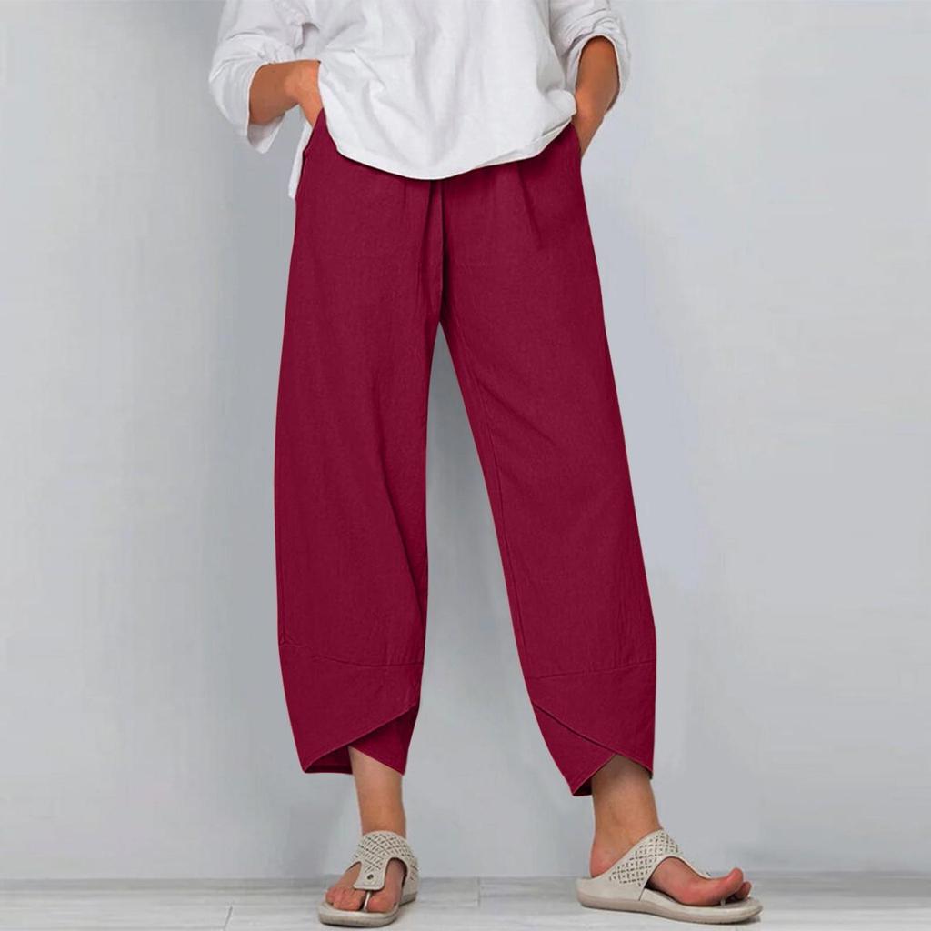Women's Hot Selling Wide Leg Cotton Linen Pants – Elastic Waist, Casual, Nine-Point Style