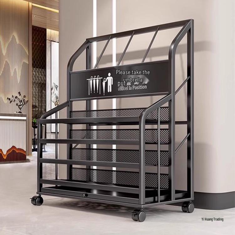 

Hotel Lobby Umbrella Rack - Entrance Rain Gear Storage Stand Large Black with Sign - Holds 72