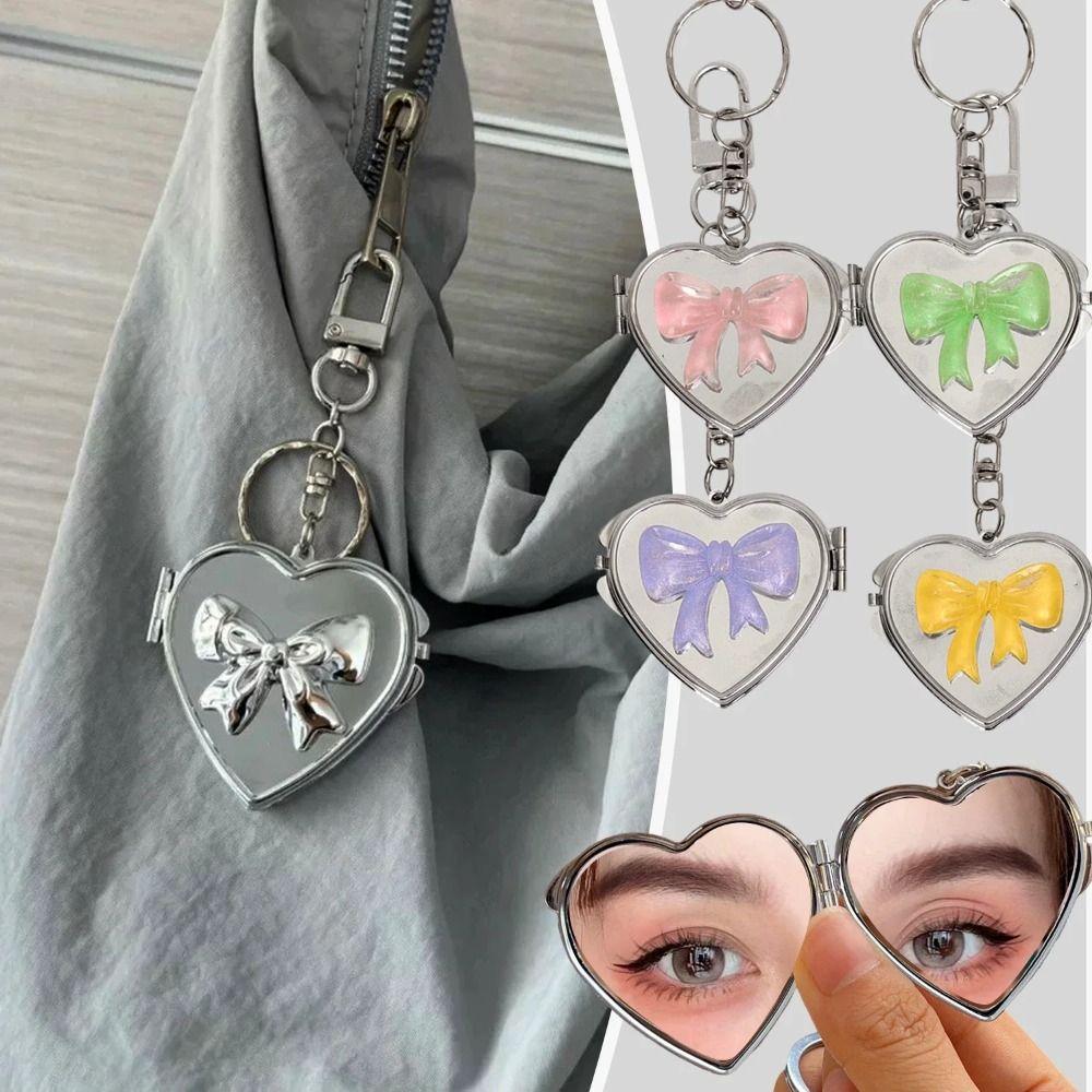 Double Sided Mirror Bag Hanging Keychain Heart Shape Cosmetic Mirror Key Chain  Women