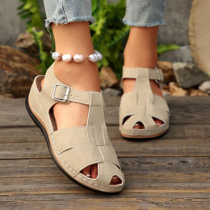 Damen Sandalen mit rundem Zeh und Ausschnitt, Leichte Keilabsatz Römerschuhe, Atmungsaktive Strand-Slipper Großhandel auf Lager