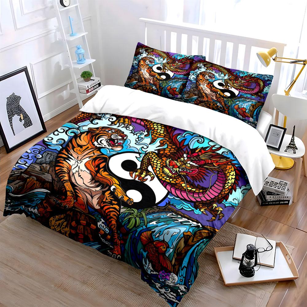 Dragon Tiger Yin Yang Decor Soft Comfortable Duvet Cover Bedding Set Included 1*Duvet Cover & 2*Pillowcases, Gift