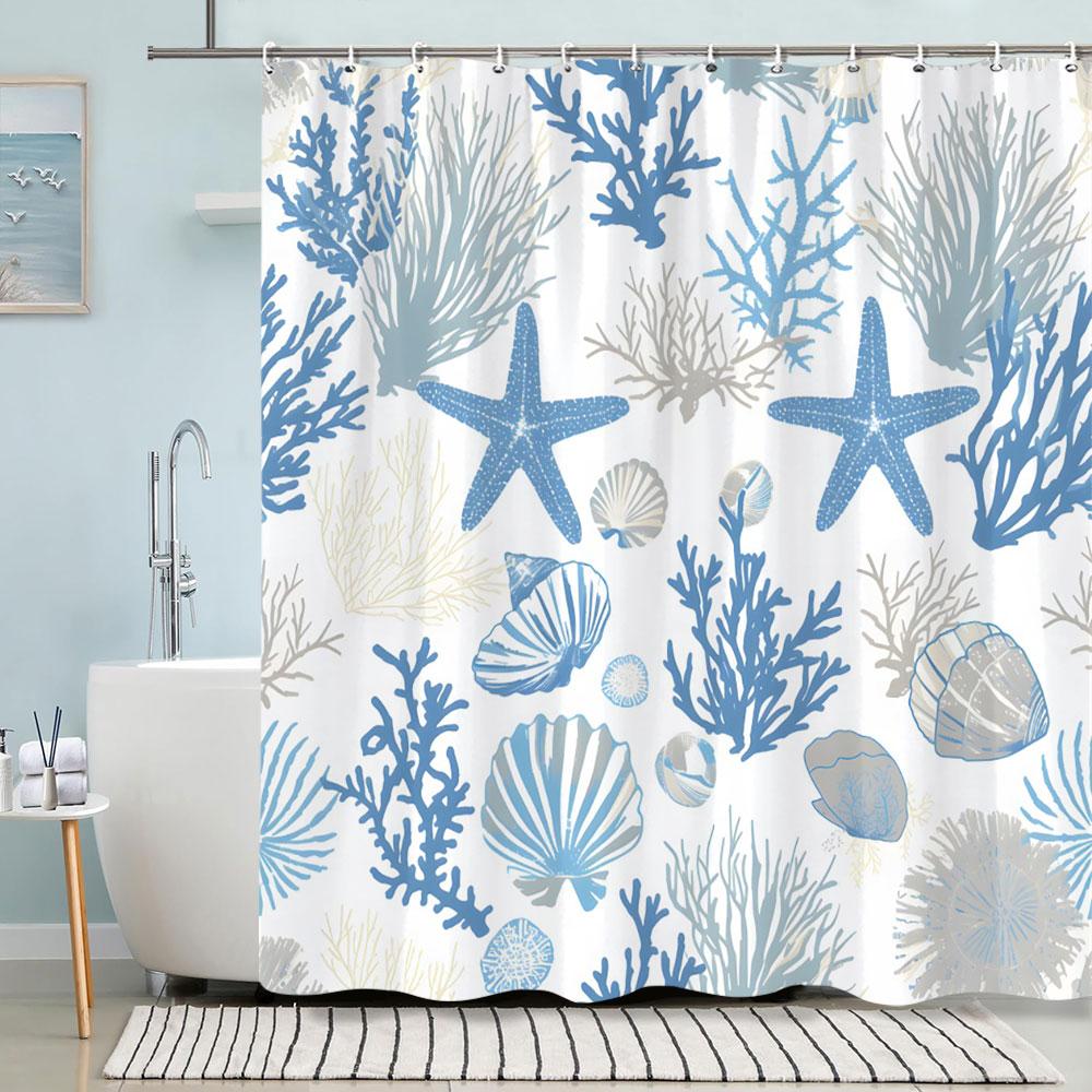 Turtle Shower Curtain Summer Beach Anchor Nautical Starfish Watercolour Art Creative Polyester Shower Curtains Bathroom Decor