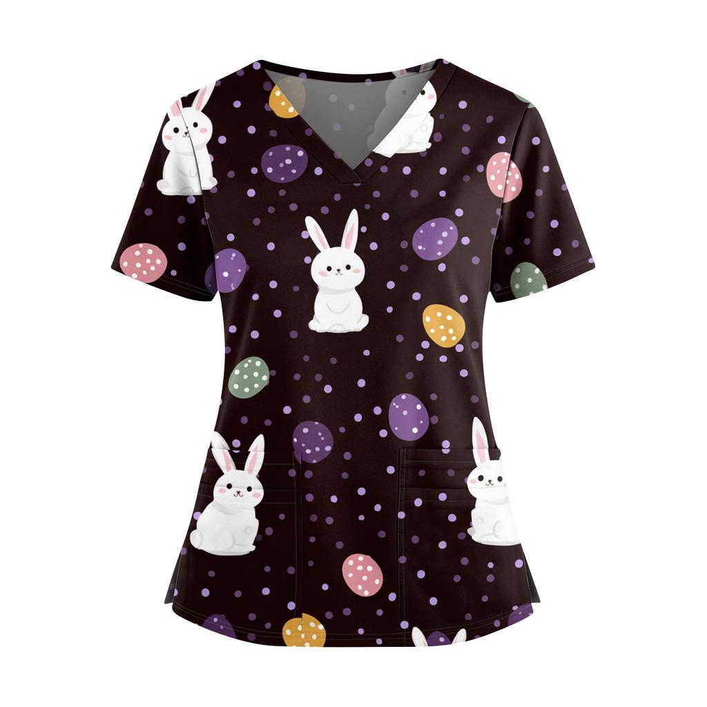Damen Osterdruck V-Ausschnitt Doppeltasche Kurzarm Uniform Top mit geschlitztem Saum