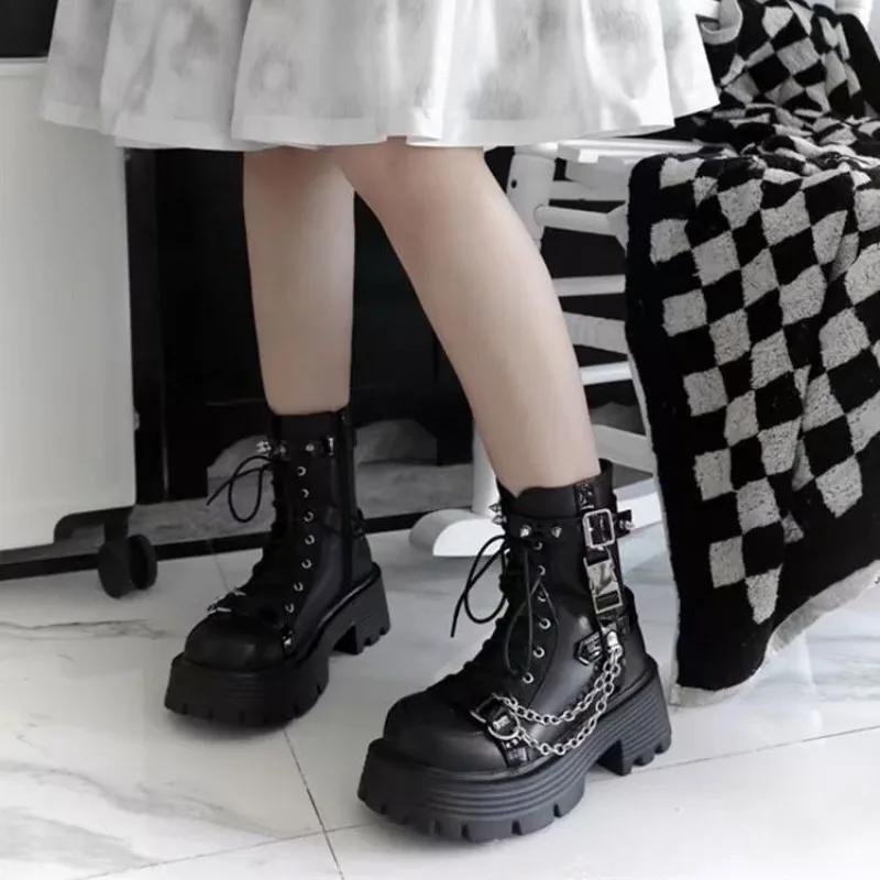 Booties Chain Round Toe Women's Ankle Boots Elegant With Medium Heels Female Short Shoes Hot Pu High Quality New In Sale Boot 39