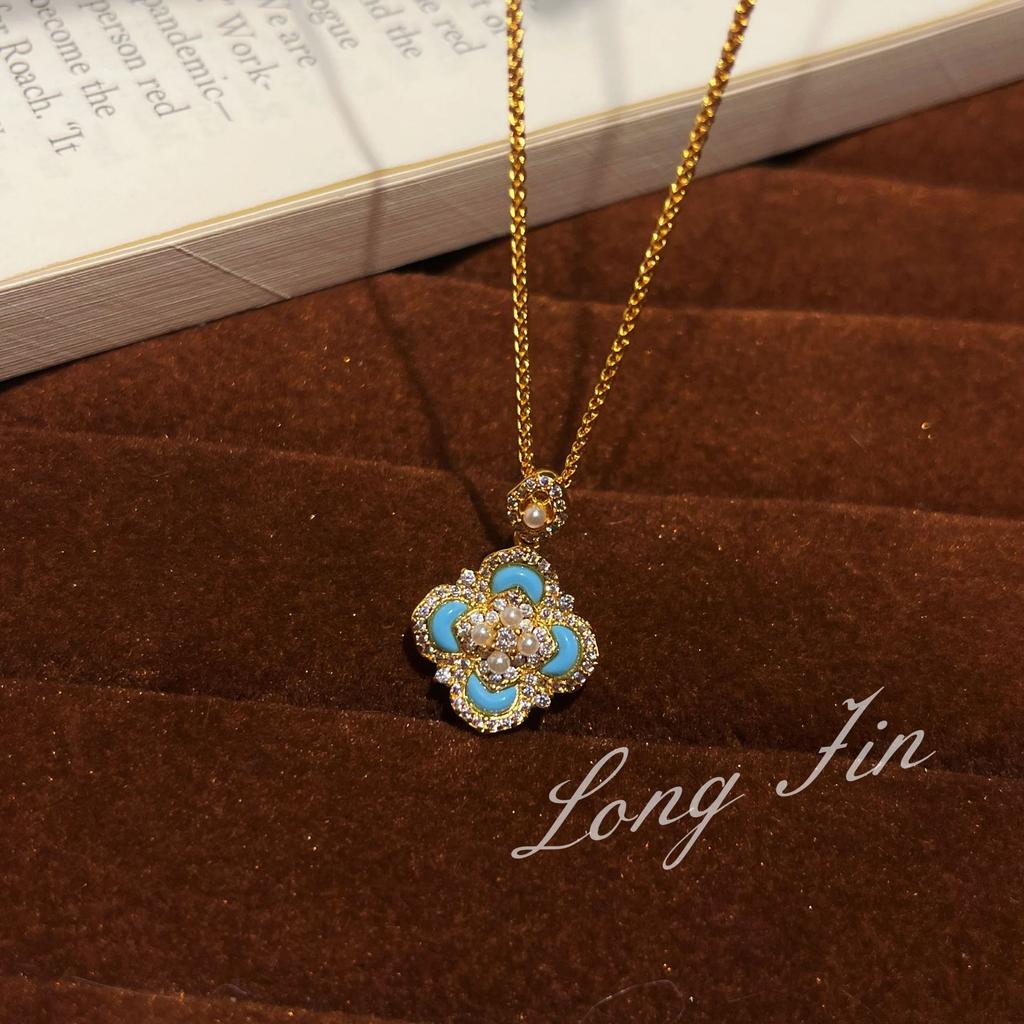 Light Luxury Retro Court Style Turquoise Imitation Pearl Four-Leaf Clover Necklace Bracelet Ring Light Luxury High-End Set