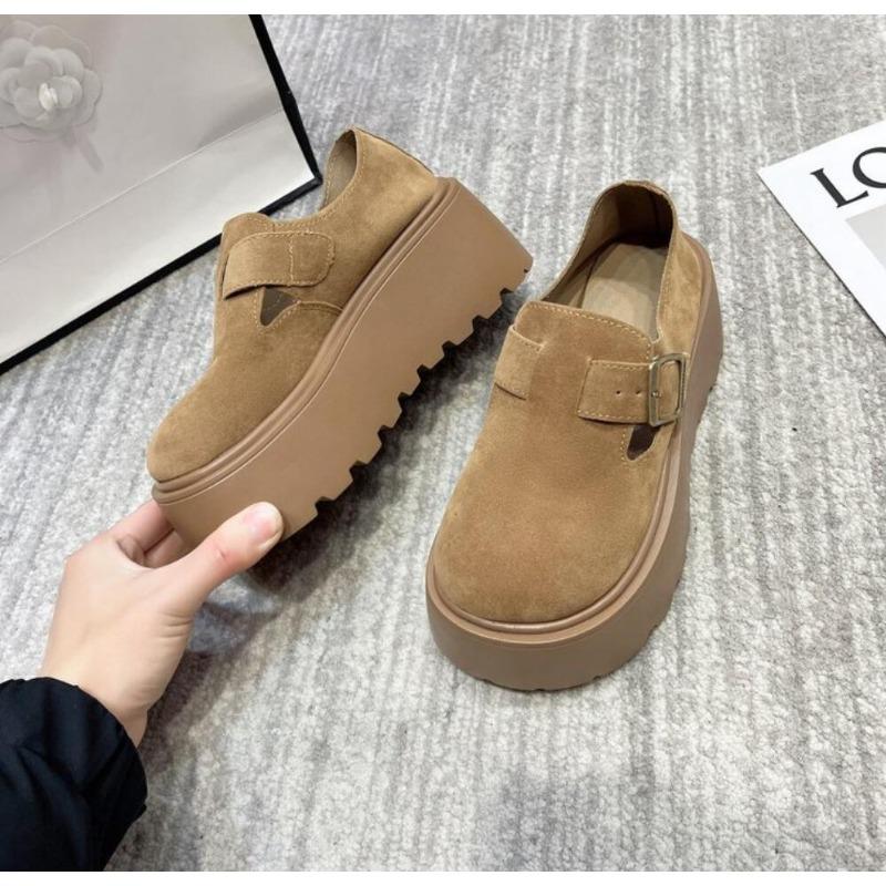 Women's Platform Thick Bottom Shoes Spring Autumn New Style Slip-On Wedge Casual Single Shoes Retro Street PU Leather Loafers