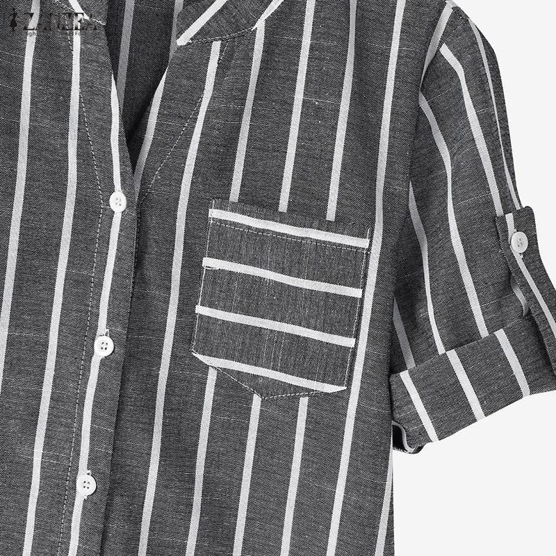 ZANZEA Women Casual V-Neck Short Sleeve Loose Stripe Blouse