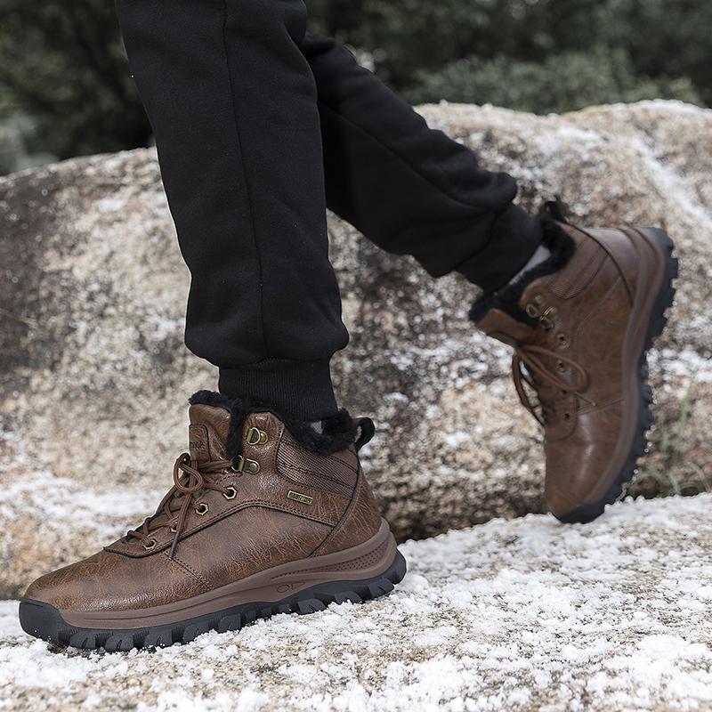 Mens Leather Shoes Winter Plush Warm Platform Training Shoes Anti Slip Ankle Boots