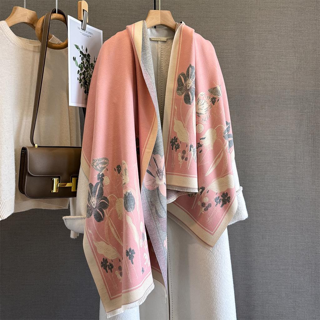 Autumn new retro flower contrasting color scarf women's atmosphere thickened warm shawl medium and long versatile scarf