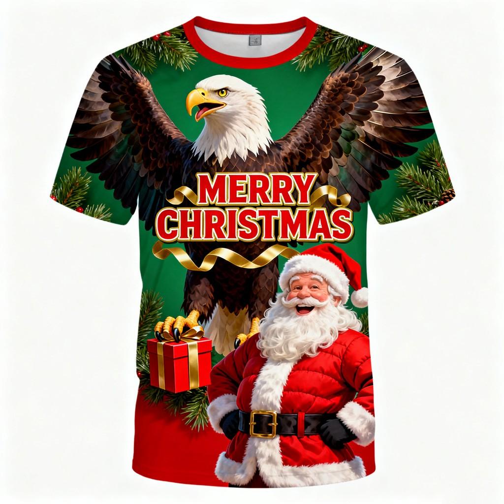 Christmas Men's T-shirt, Santa Claus Printed T-shirt, New Year's Party Round Neck T-shirt, Top