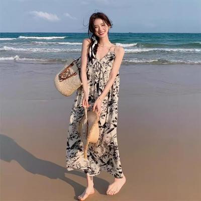 Falda con tirantes y escote en V con estampado de tinta coreana – Vestido de verano para la hora del té
